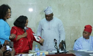 Member, Georgia State Senate, Senator Donzella James (2nd left) representing a book to the Speaker, Lagos State House of Assembly, Rt. Hon. Mudashiru Obasa (2nd right) during Senator James' courtesy visit to the Speaker in his office. Watching with keen interest are: Deputy Speaker, Hon. Wasiu Eshinlokun-Sanni (right) and Senator James's Chief of Staff, Queen Blessing Itua.