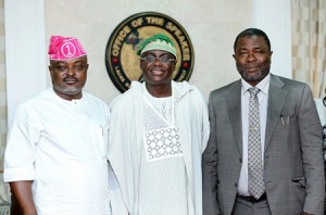 L-R: Speaker of the Lagos State House of Assembly, Rt. Hon. Mudashiru Obasa; former Deputy Governor of the State, Otunba Femi Pedro; and the Chairman of the House Committee on Land Matters,