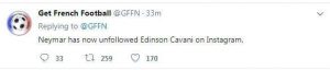 OrijoReporter.com, Neymar unfollows Cavani on Instagram